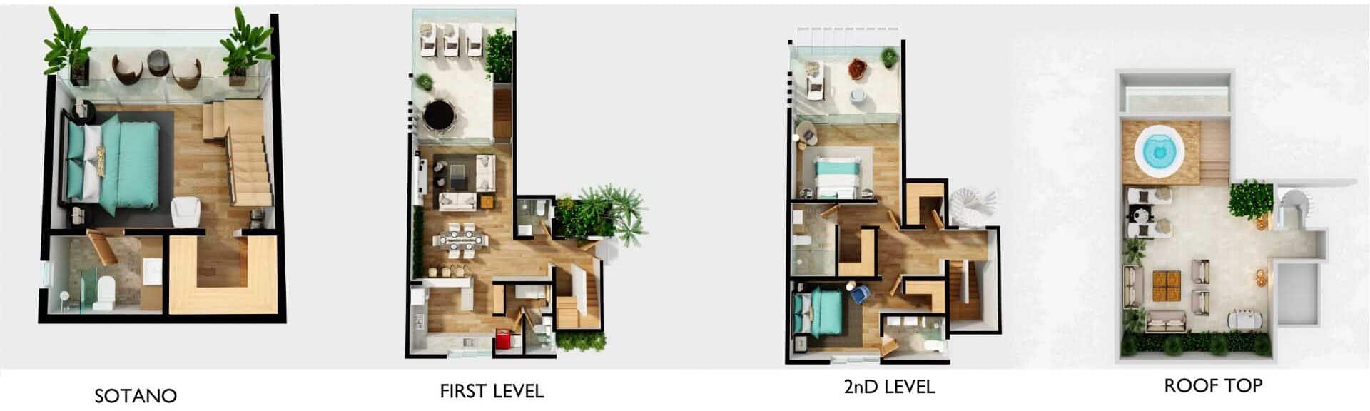 maisons de ville sur 3 niveaux avec toit dans un hôtel avec vue sur l'océan